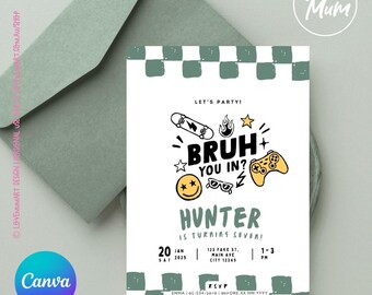 Cool Boys-verjaardagsuitnodiging – Bruh You In-thema – bewerkbare canvassjabloon voor kinderfeestje