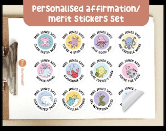 60 pcs x Teacher Personalised Name - Cute Sea Creatures / Animal Theme - Student Kids Affirmation Name Label | Stickers