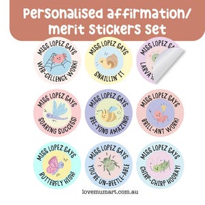 60 pegatinas personalizadas con el nombre de un insecto kawaii para estudiantes y niños (2,5 cm x 2,5 cm)