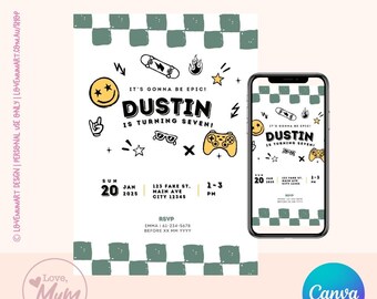 Coole jongensverjaardagsuitnodiging – Bruh You In Theme – Skatethema, gaming, bewerkbare canvassjabloon voor kinderfeestje