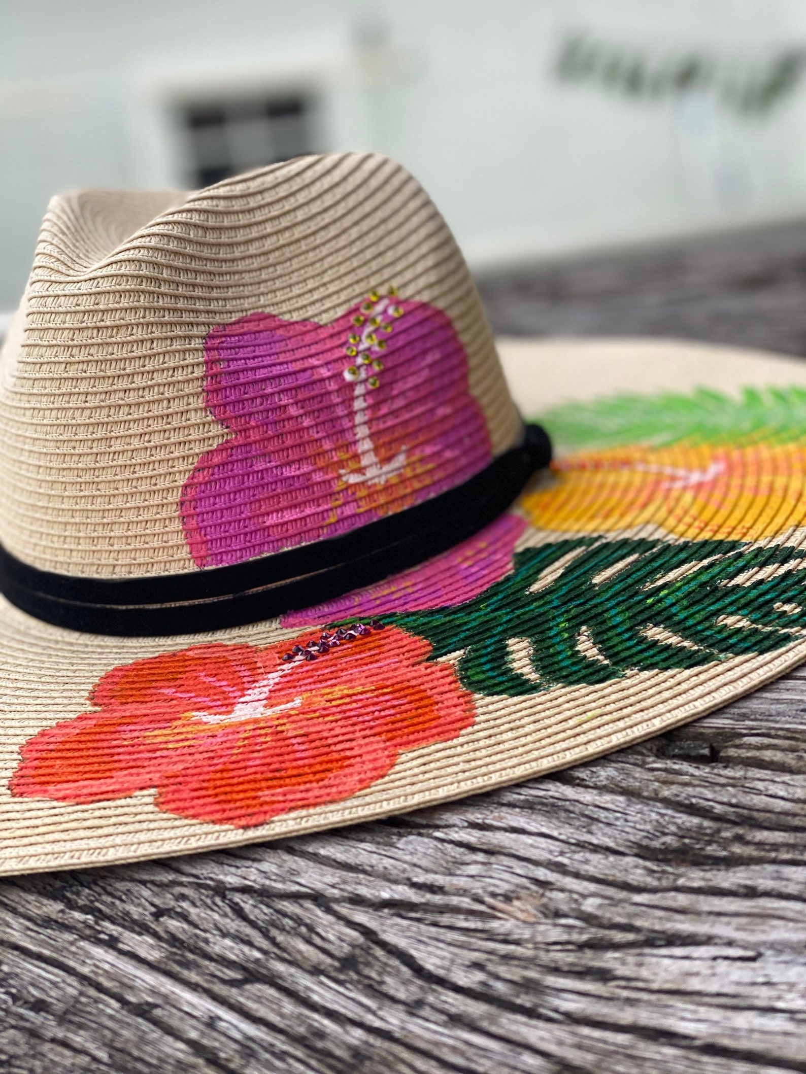Hand painted tropical flowers straw hat. Sun hat boho chic | Etsy