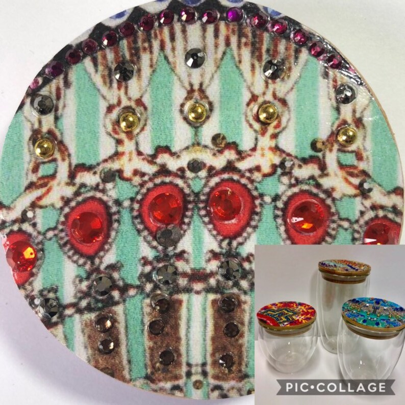 Glass travel coffee cup with decorated jewelled lid Eco Etsy