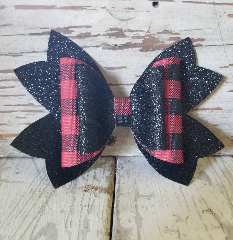 Glitter bow Hair accessory Buffalo plaid. Faux leather bow Metal alligator clip
