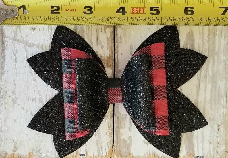 Glitter bow Hair accessory Buffalo plaid. Faux leather bow Metal alligator clip