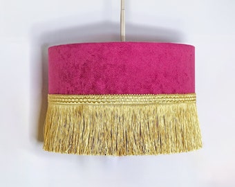 Bright Pink Crushed Velvet & Gold Tassel Drum Lampshade - 3 Sizes Available