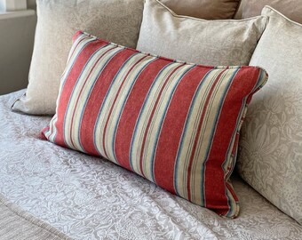 Large Linwood Club Stripe Warwickshire Red Striped Fabric Cushion cover with matching piping and back 14" x 24"