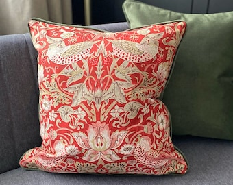 NEW Indian Red William Morris Strawberry Thief Cushion cover with Olive Green velvet piping and back 18" x 18"