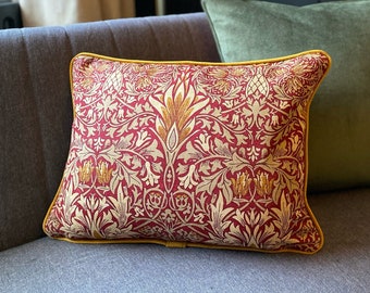 Snakeshead William Morris Crimson Cushion with Mustard Yellow Velvet Piping and Back 13" x 18"