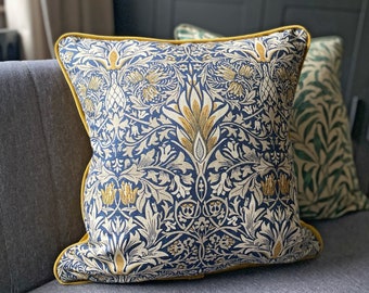 William Morris Indigo Snakeshead Cushion cover with mustard velvet piping and back 18" x 18"