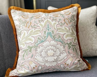William Morris Simply Severn Gold Tassel Cushion cover with Neutral Linen back 18" x 18"