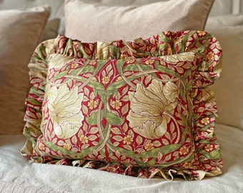 Frilly William Morris Claret Pimpernel Cushion cover with red velvet back 13" x 18"