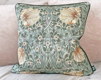 William Morris Pimpernel Bayleaf/Manilla with Olive velvet piping and back 18" x 18"