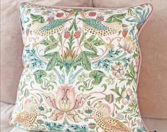 William Morris Cochineal Pink Strawberry Thief Cushion cover with pink velvet piping and back 18" x 18"