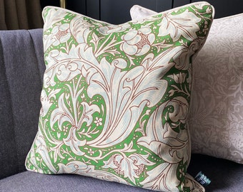 William Morris Bachelors Button Leaf Green/Sky Cushion cover with Neutral Linen piping and back 18" x 18"