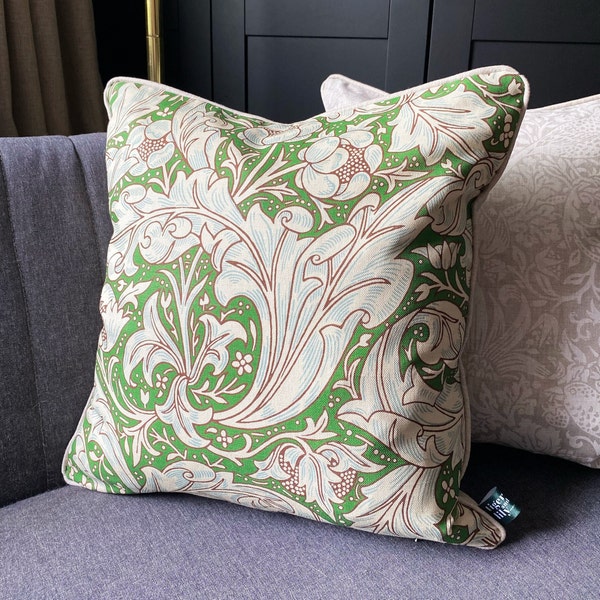 William Morris Bachelors Button Leaf Green/Sky Cushion cover with Neutral Linen piping and back 18" x 18"