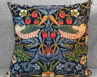 William Morris Strawberry Thief Cushion & pad Indigo PomPom Trim Organic Cotton William Morris Strawberry Thief Cushion & pad Indigo PomPom Trim Organic Cotton