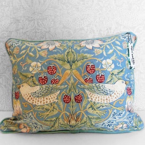 William Morris Slate Vellum Strawberry Thief Cushion cover with duck egg velvet piping and back 13" x 18"