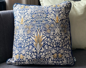 William Morris Indigo Snakeshead Cushion cover with blue velvet piping and back 18" x 18"