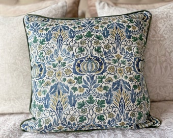 Little Chintz Blue Green Fennel William Morris  18" x 18" Olive Green Velvet Piped Cushion