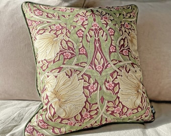 William Morris Pimpernel Aubergine/Olive with Olive velvet piping and back 18" x 18"