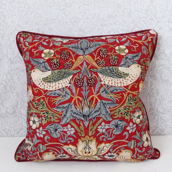 William Morris Crimson Strawberry Thief Cushion cover with red velvet piping and back 18" x 18"