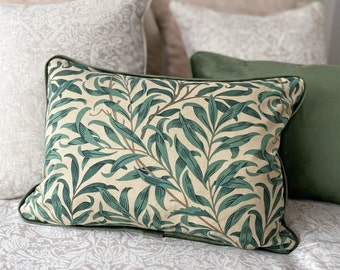 Willow Bough Major Taupe William Morris 13" x 18" Rectangle Cushion with Olive Green Velvet Back