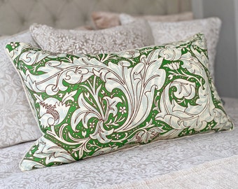 Large William Morris Bachelors Button Leaf Green/Sky Cushion cover with Neutral Linen piping and back 14" x 24"