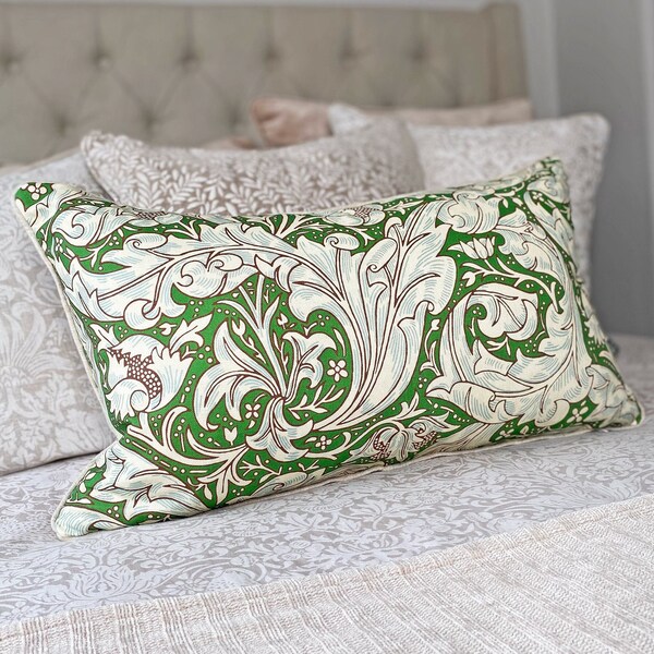 Large William Morris Bachelors Button Leaf Green/Sky Cushion cover with Neutral Linen piping and back 14" x 24"