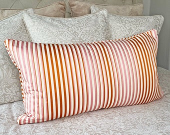 Large Harlequin Calla In Clementine And Poppy Striped  Fabric Cushion cover with matching piping and back 14" x 24"