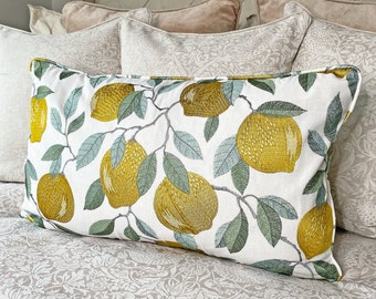 Large Clarke And Clarke Sicilian Lemon Embroidered Fabric Cushion cover with matching piping and back 14" x 24"