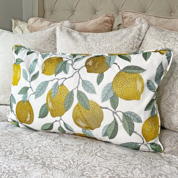 Large Clarke And Clarke Sicilian Lemon Embroidered Fabric Cushion cover with matching piping and back 14" x 24"