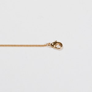 May include: A gold-colored necklace chain with a lobster clasp. The chain is a delicate curb style, and the clasp is a rounded shape. The necklace is shown against a white background.