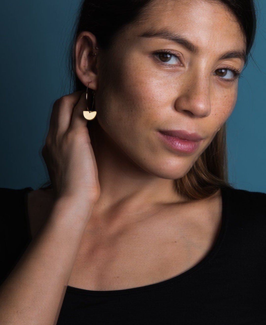 Brass Hoop Earrings Gilded With Fine Gold Half Circles Minimalist Style