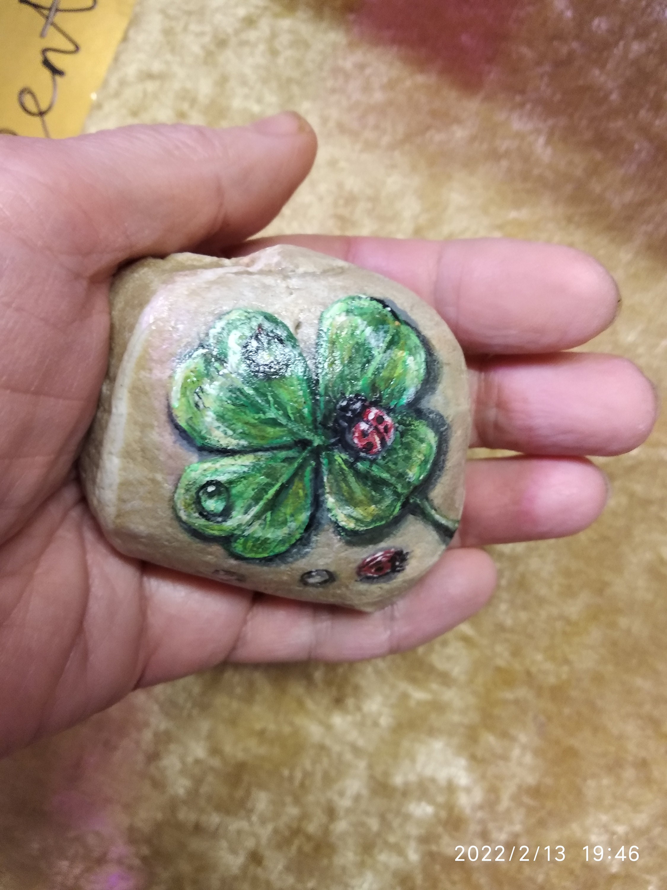 Lucky Clover Leaf. Painting On Stone. Clover With Four Petals.