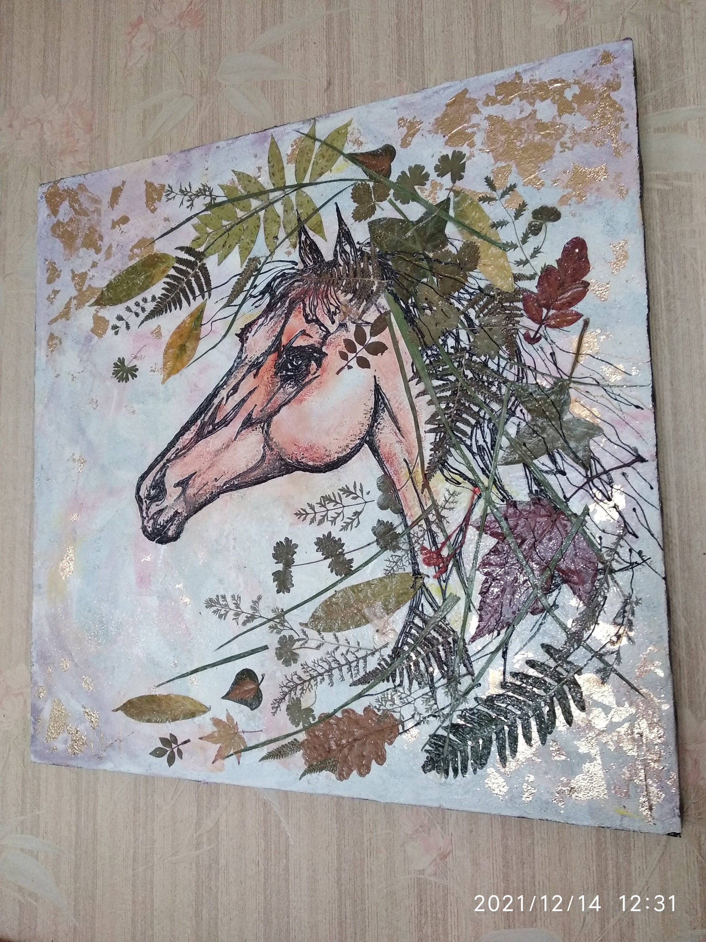 Painting Autumn On Canvas. Painting Decorated With Natural Dried Leaves. Herbarium.