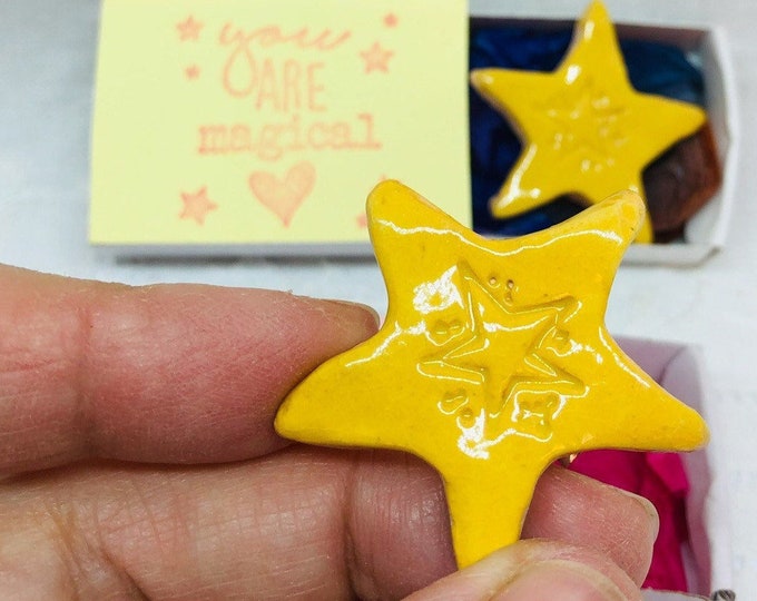 Yellow Star Pottery Brooch, Thank you, You Are A Super Star, Ceramic Star Brooch, Teachers Gifts, Brilliant Person, Sussex Ceramics UK.