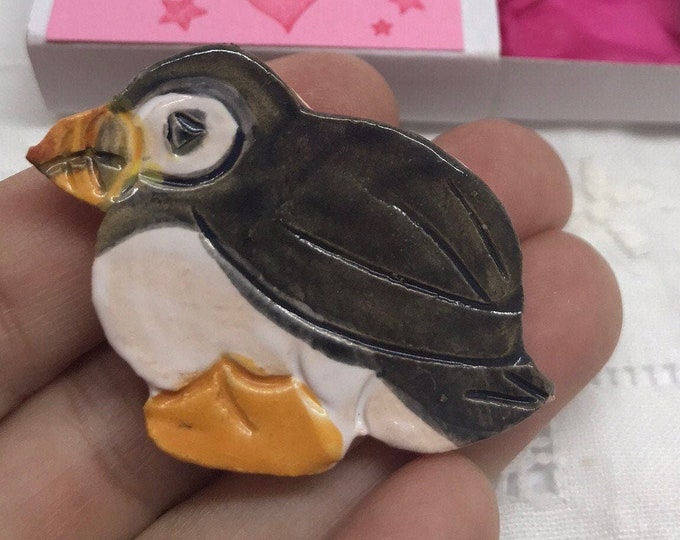 Puffin Pottery Brooch, Love Puffins, Love Birds, Nature, Handmade Gifts, Sussex Ceramics UK, Kiln Fired Clay, Colourful Ceramic Brooches.