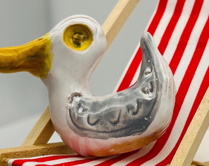Seagull Pottery Ornament on their Red Deckchair, Quirky Fun Bird, Funny Birds on Miniature Deckchairs, Kiln Fired Clay Sussex Ceramics UK