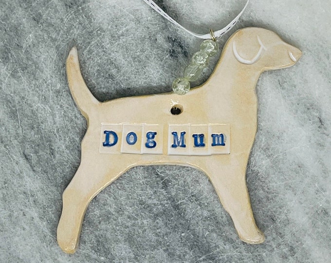 Dog Mum Pottery Ornament, Woof, Love Dogs, Handmade Dog Ornaments, Fur Baby, Sussex Ceramics UK, Kiln Fired Clay, Home Decor, Clay Ornament.