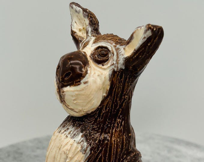 Handmade Ceramic Dog Sculpture, Brown & White Pottery Ornament