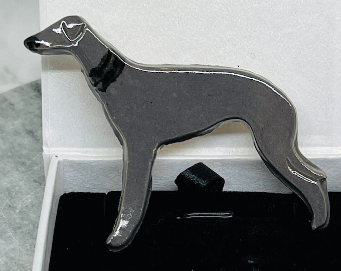 Grey Hound Ceramic Brooch, Handmade Pottery Sighthound, Greyhound, Whippet, Lurcher, Love Dogs, Kiln Fired Clay Pet, Sussex Ceramics UK.