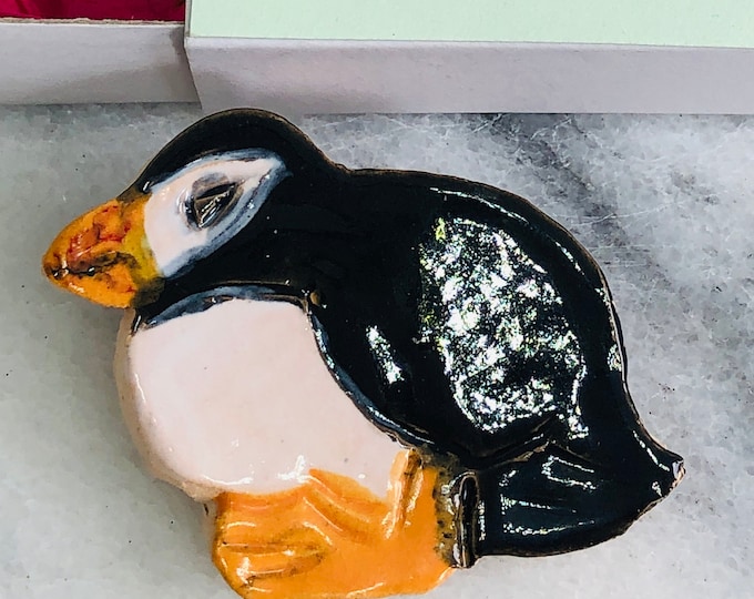 Handmade Puffin Pottery Brooch: Colourful Ceramic Bird Pin