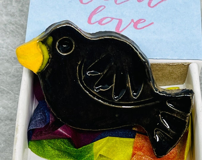 Handmade Ceramic Black Bird Brooch: Sussex Pottery Garden Badge