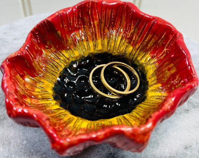 Poppy Flower Jewellery Bowl, Handmade Pottery Floral Ring Dish, Ceramic Flowers Ornament, Home Decoration, Home Interiors, Romantic Ornament