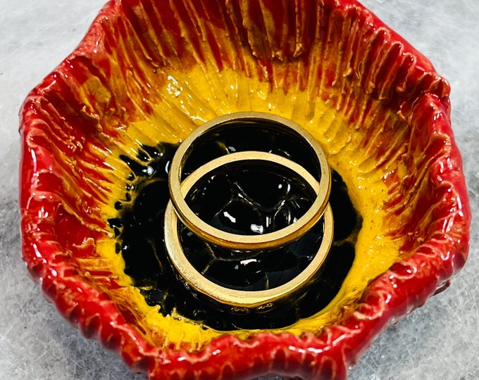 Red and Yellow Flower Jewellery Bowl, Handmade Poppy Pottery, Ceramic Flowers Ornament, Decor, Home Interiors, Romantic Floral Ring Dish.