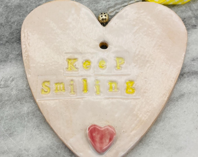 Handmade Ceramic Heart Ornament: Pottery Decor, Keep Smiling