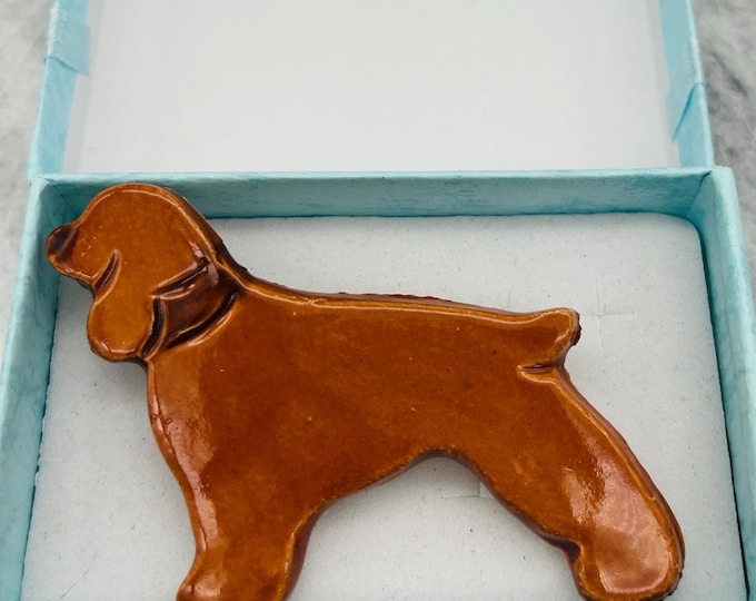 Handmade Ceramic Spaniel Brooch: Brown Dog Pottery Pin