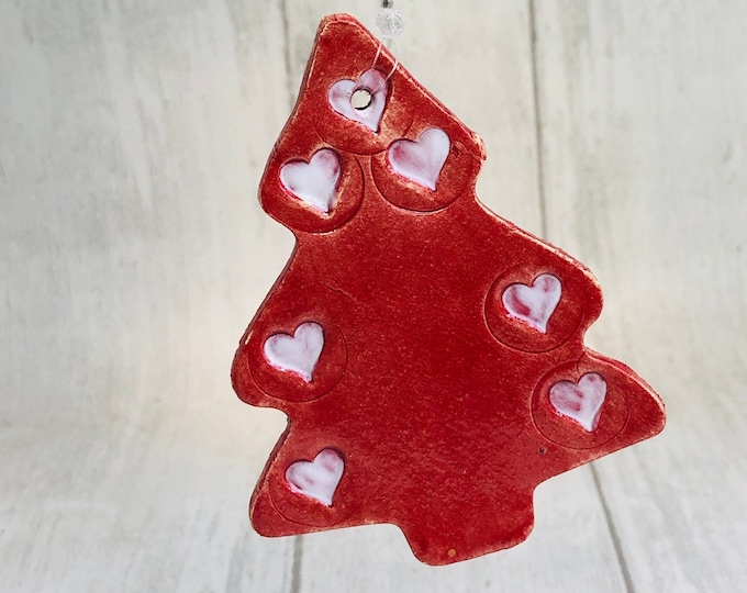 Handmade Red Ceramic Christmas Tree Decoration, Sussex Pottery and Fired In My Kiln, Xmas Tree Ornament, Clay Ornaments, Home Decoration.