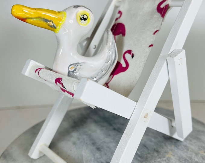 Pottery Seagull Ornament: Flamingo Deckchair, Handmade Bird Decor