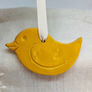 Bird Ornament, Pottery Yellow Ceramic Bird Hanging Decoration, Home Decor, Tweet, Yellow Easter Chick, Birds, Chick, Sussex Ceramics Uk.